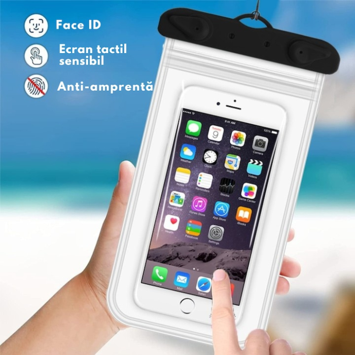 Husa telefon impermeabila universala VarioShop®, cu fereastra tactila dubla, sistem de siguranta, compatibila pana la 6.5", ideala pentru piscina, plaja, sporturi acvatice si drumetii, Negru [4]