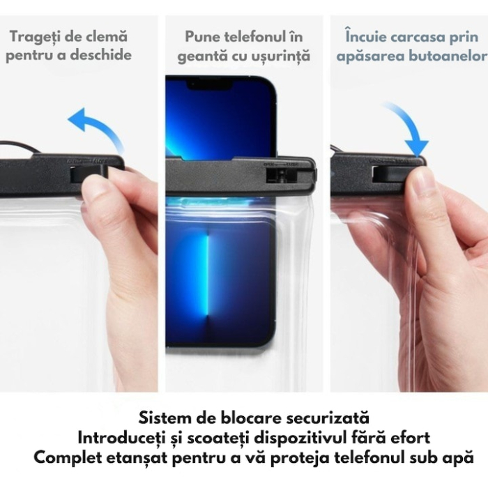 Husa telefon impermeabila universala VarioShop®, cu fereastra tactila dubla, sistem de siguranta, compatibila pana la 6.5", ideala pentru piscina, plaja, sporturi acvatice si drumetii, Negru [6]