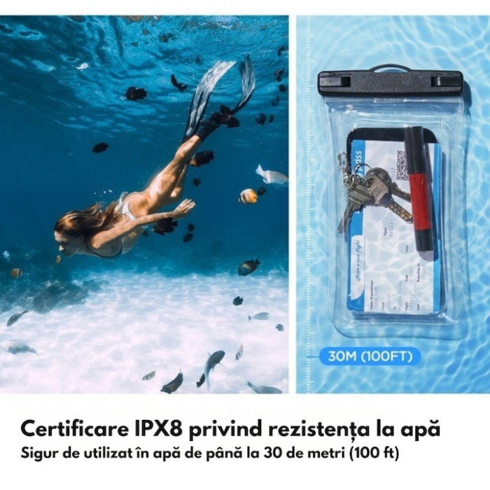 Husa telefon impermeabila universala VarioShop®, cu fereastra tactila dubla, sistem de siguranta, compatibila pana la 6.5", ideala pentru piscina, plaja, sporturi acvatice si drumetii, Negru [5]