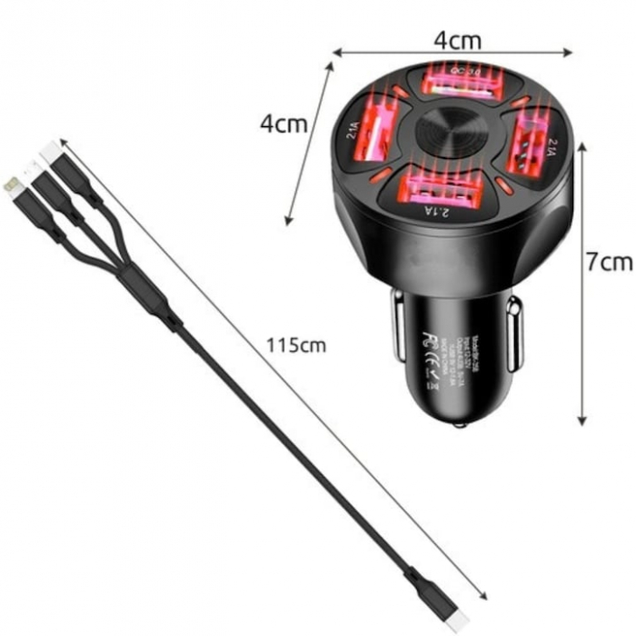Incarcator Auto VarioShop®, Fast Charge QC3.0/PD, 4 porturi USB, Amperaj/Porturi, Protectie Suprasarcina, Incalzire, Voltaj 12-32V, Material Ignifug, Compatibil Android/Apple, Negru [12]