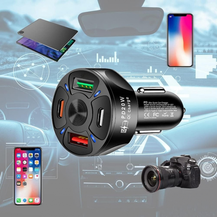 Incarcator Auto VarioShop®, Fast Charge QC3.0/PD, 4 porturi USB, Amperaj/Porturi, Protectie Suprasarcina, Incalzire, Voltaj 12-32V, Material Ignifug, Compatibil Android/Apple, Negru [7]