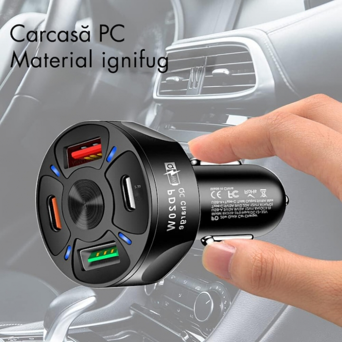 Incarcator Auto VarioShop®, Fast Charge QC3.0/PD, 4 porturi USB, Amperaj/Porturi, Protectie Suprasarcina, Incalzire, Voltaj 12-32V, Material Ignifug, Compatibil Android/Apple, Negru [5]