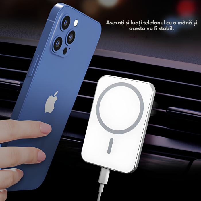 Incarcator auto wireless VarioShop®, pentru telefoane cu prindere magnetica, putere pana la 15W, cablu USB-C si suport inclus, alb [7]