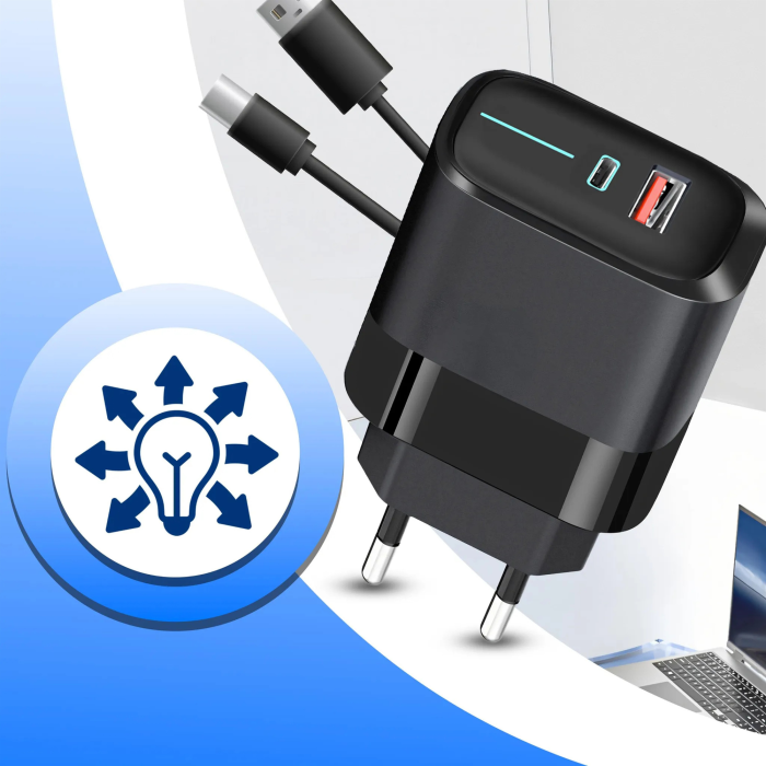 Incarcator rapid 3 in 1 VarioShop®, pentru telefon, tableta si casti, porturi USB si Type-C, cablu inclus, 20W, negru [6]