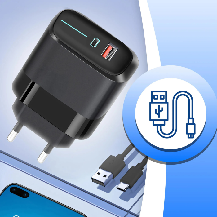 Incarcator rapid 3 in 1 VarioShop®, pentru telefon, tableta si casti, porturi USB si Type-C, cablu inclus, 20W, negru [8]
