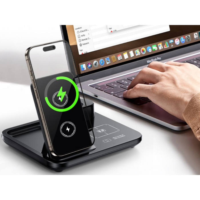 Incarcator wireless 3 in 1 VarioShop®, incarcare rapida 15W, compatibil telefon, smartwatch si casti wireless, tehnologie Qi, QC 3.0, alimentare USB, negru [6]