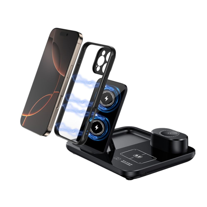 Incarcator wireless 3 in 1 VarioShop®, incarcare rapida 15W, compatibil telefon, smartwatch si casti wireless, tehnologie Qi, QC 3.0, alimentare USB, negru [7]