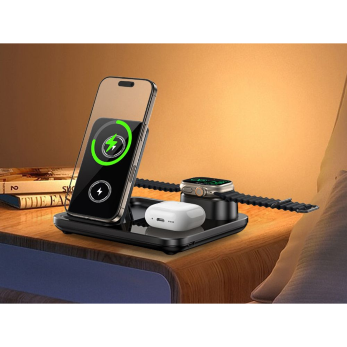 Incarcator wireless 3 in 1 VarioShop®, incarcare rapida 15W, compatibil telefon, smartwatch si casti wireless, tehnologie Qi, QC 3.0, alimentare USB, negru [4]