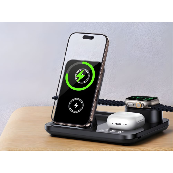 Incarcator wireless 3 in 1 VarioShop®, incarcare rapida 15W, compatibil telefon, smartwatch si casti wireless, tehnologie Qi, QC 3.0, alimentare USB, negru [9]