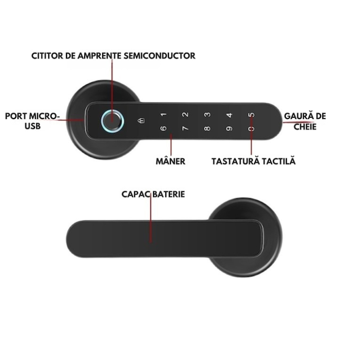 Incuietoare electronica inteligenta VarioShop®, cu amprenta digitala si aplicatie Tuya Smart, 4 moduri de acces, 30 amprente, 50 parole, montaj stanga/dreapta, design aluminiu negru [2]