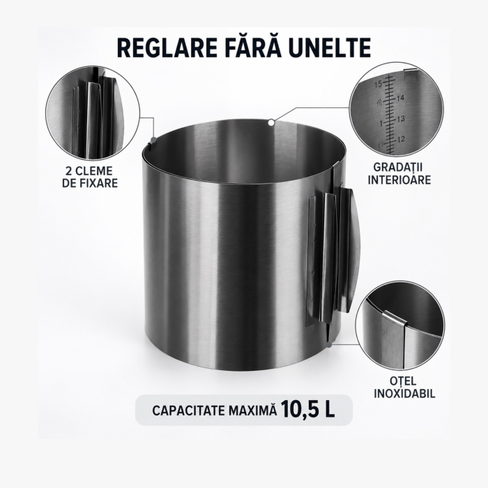 Inel reglabil pentru tort VarioShop®, din otel inoxidabil, diametru 16-30 cm, inaltime 15 cm, cleme de fixare, argintiu [8]