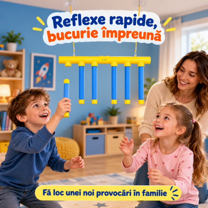 Joc de reflexe VarioShop®, cu 6 betisoare care cad, 3 viteze, incarcare USB, indicator LED si comenzi vocale in engleza, 3 ani+, galben/albastru [2]