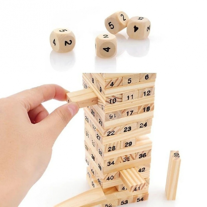 Joc de Societate Mini Jenga/Turnul Instabil pentru copii VarioShop®, cu 54 Piese Numerotate si 4 Zaruri, din Lemn [13]