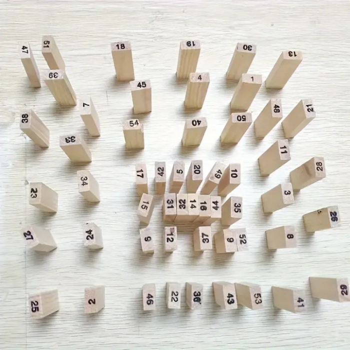 Joc de Societate Mini Jenga/Turnul Instabil pentru copii VarioShop®, cu 54 Piese Numerotate si 4 Zaruri, din Lemn [10]
