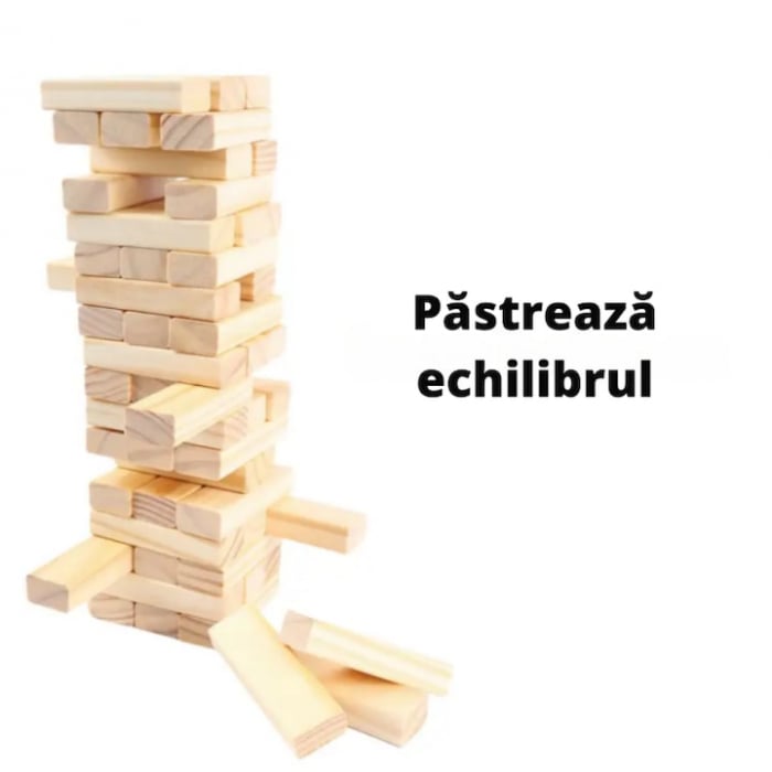 Joc de Societate Mini Jenga/Turnul Instabil pentru copii VarioShop®, cu 54 Piese Numerotate si 4 Zaruri, din Lemn [2]