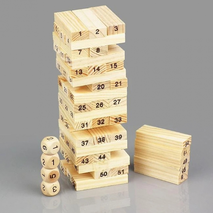 Joc de Societate Mini Jenga/Turnul Instabil pentru copii VarioShop®, cu 54 Piese Numerotate si 4 Zaruri, din Lemn [15]