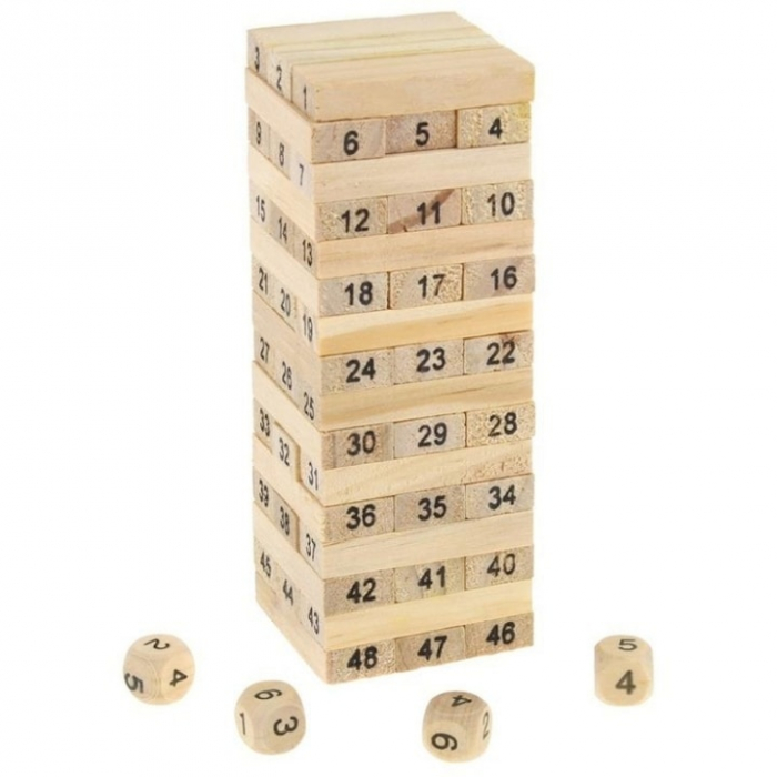 Joc de Societate Mini Jenga/Turnul Instabil pentru copii VarioShop®, cu 54 Piese Numerotate si 4 Zaruri, din Lemn [11]