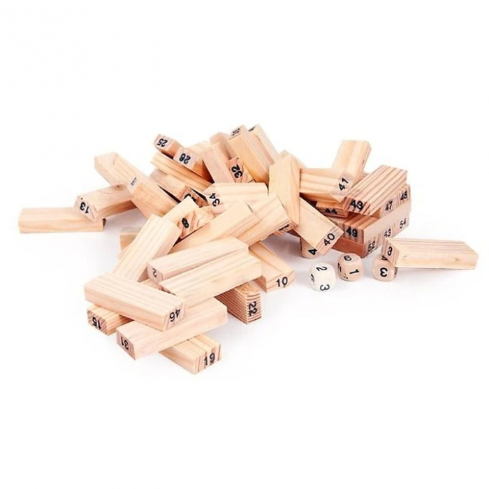 Joc de Societate Mini Jenga/Turnul Instabil pentru copii VarioShop®, cu 54 Piese Numerotate si 4 Zaruri, din Lemn [14]