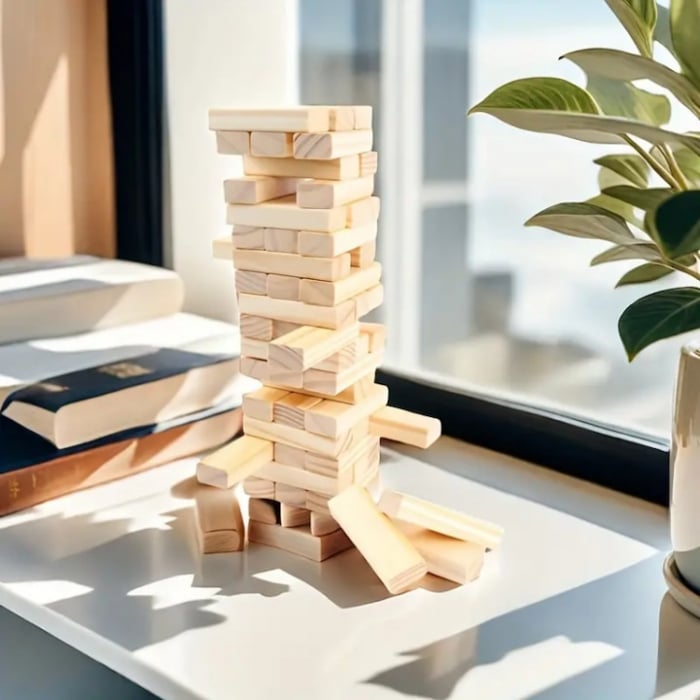 Joc de Societate Mini Jenga/Turnul Instabil pentru copii VarioShop®, cu 54 Piese Numerotate si 4 Zaruri, din Lemn [6]