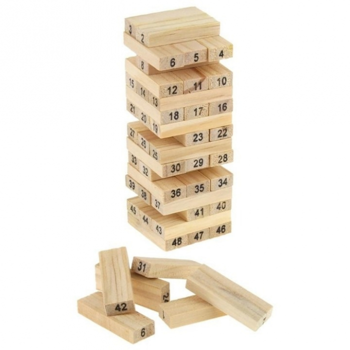 Joc de Societate Mini Jenga/Turnul Instabil pentru copii VarioShop®, cu 54 Piese Numerotate si 4 Zaruri, din Lemn [8]