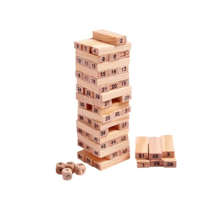 Joc de Societate Mini Jenga/Turnul Instabil pentru copii VarioShop®, cu 54 Piese Numerotate si 4 Zaruri, din Lemn [9]