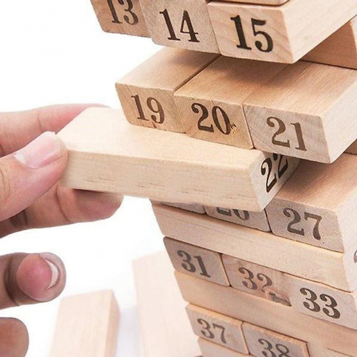 Joc de Societate Mini Jenga/Turnul Instabil pentru copii VarioShop®, cu 54 Piese Numerotate si 4 Zaruri, din Lemn [4]