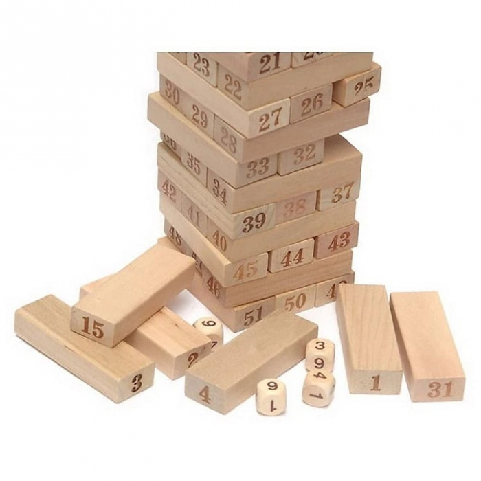 Joc de Societate Mini Jenga/Turnul Instabil pentru copii VarioShop®, cu 54 Piese Numerotate si 4 Zaruri, din Lemn [5]
