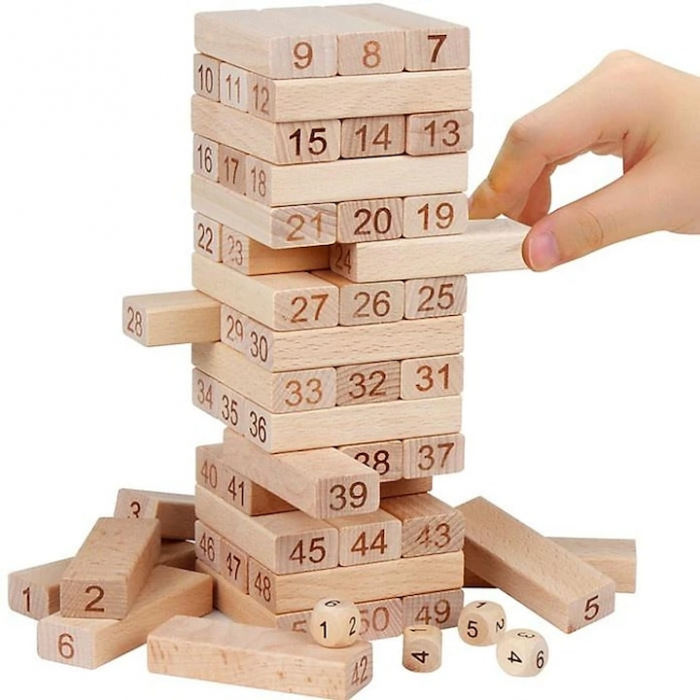 Joc de Societate Mini Jenga/Turnul Instabil pentru copii VarioShop®, cu 54 Piese Numerotate si 4 Zaruri, din Lemn [3]