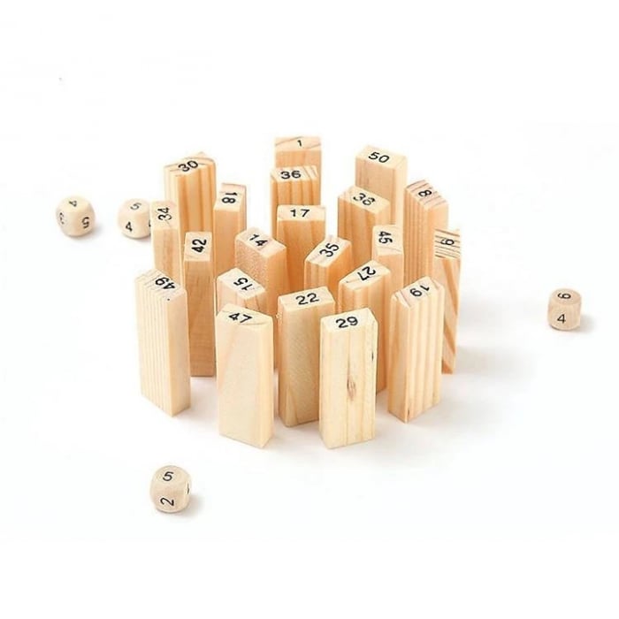 Joc de Societate Mini Jenga/Turnul Instabil pentru copii VarioShop®, cu 54 Piese Numerotate si 4 Zaruri, din Lemn [12]