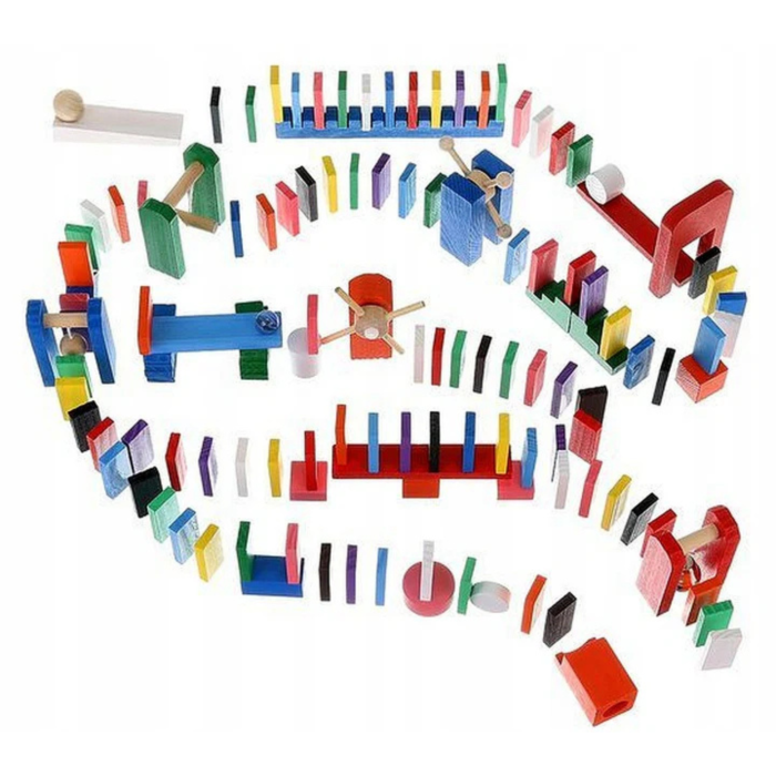 Joc domino educativ VarioShop®, 407 piese din lemn, tip Montessori, cu tobogane, moara de vant, leagan, clopotel si bile, include geanta cu snur, dezvolta creativitatea si coordonarea, multicolor [3]