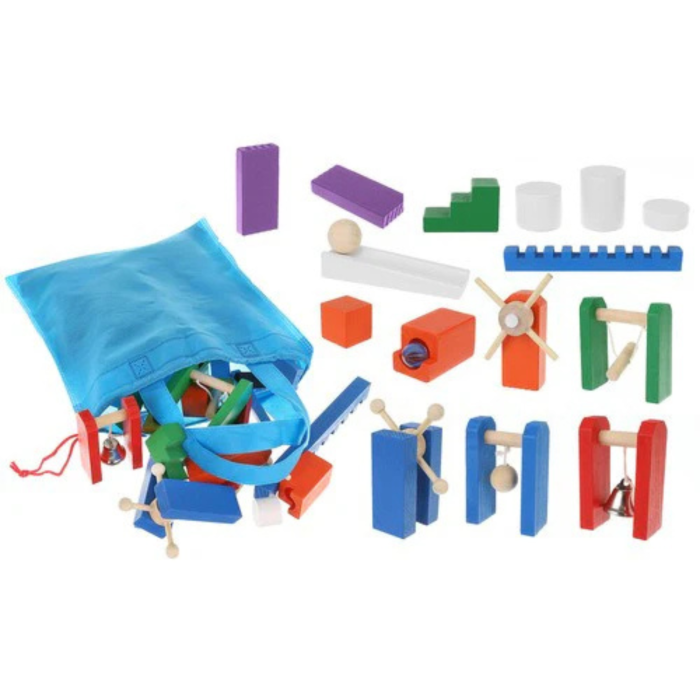 Joc domino educativ VarioShop®, 407 piese din lemn, tip Montessori, cu tobogane, moara de vant, leagan, clopotel si bile, include geanta cu snur, dezvolta creativitatea si coordonarea, multicolor [9]