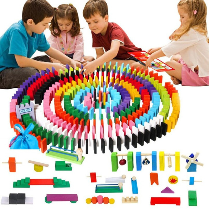 Joc domino educativ VarioShop®, 407 piese din lemn, tip Montessori, cu tobogane, moara de vant, leagan, clopotel si bile, include geanta cu snur, dezvolta creativitatea si coordonarea, multicolor [2]