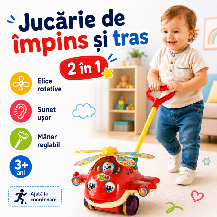 Jucarie de impins pentru copii VarioShop®, elicopter cu elice rotative si clopotel, cu maner reglabil si detasabil, 3+ ani, 20x17x14 cm [2]