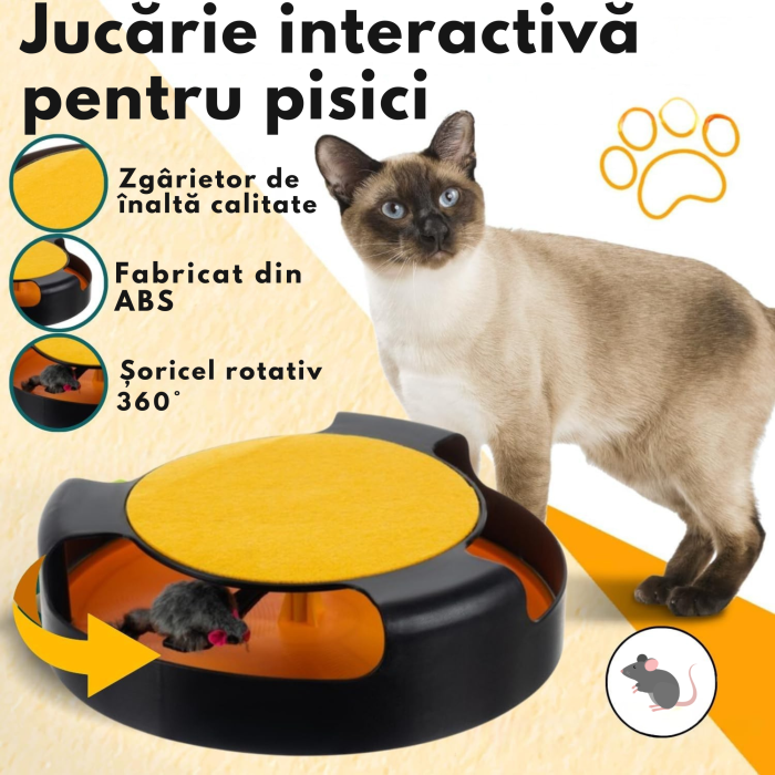 Jucarie Interactiva pentru Pisici – Roata Rotativa cu Soarece din Poliester, Stalp de Zgariat cu Covoras din Fetru, Tapete Antiderapante, Material Durabil PP, 25x6,5 cm [2]