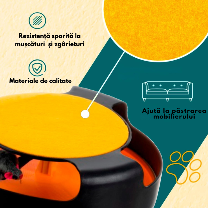 Jucarie Interactiva pentru Pisici – Roata Rotativa cu Soarece din Poliester, Stalp de Zgariat cu Covoras din Fetru, Tapete Antiderapante, Material Durabil PP, 25x6,5 cm [5]