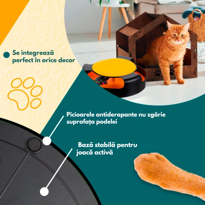 Jucarie Interactiva pentru Pisici – Roata Rotativa cu Soarece din Poliester, Stalp de Zgariat cu Covoras din Fetru, Tapete Antiderapante, Material Durabil PP, 25x6,5 cm [4]