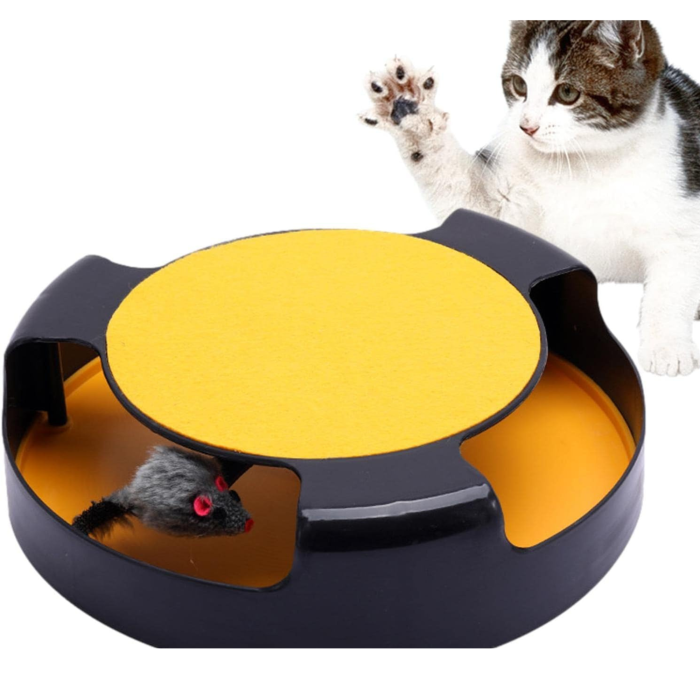 Jucarie Interactiva pentru Pisici – Roata Rotativa cu Soarece din Poliester, Stalp de Zgariat cu Covoras din Fetru, Tapete Antiderapante, Material Durabil PP, 25x6,5 cm [10]