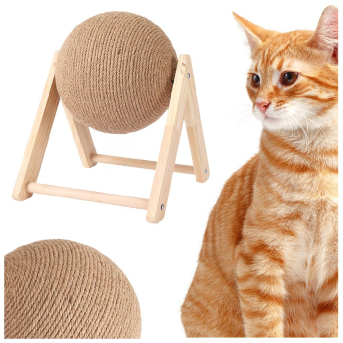 Jucarie interactiva pentru pisici VarioShop®, minge rotativa din sisal pentru zgariat, baza din lemn, include catnip, rezistenta la uzura, 20 cm, bej [5]
