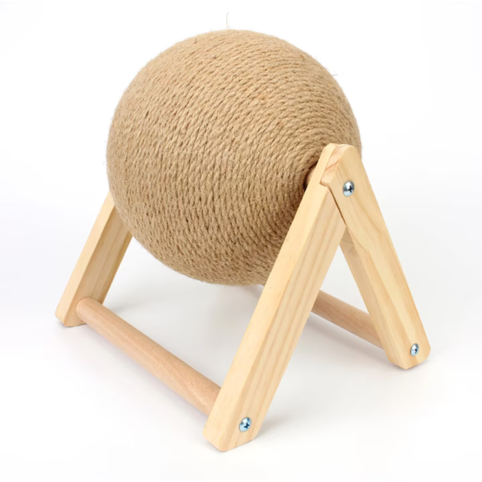 Jucarie interactiva pentru pisici VarioShop®, minge rotativa din sisal pentru zgariat, baza din lemn, include catnip, rezistenta la uzura, 20 cm, bej [3]