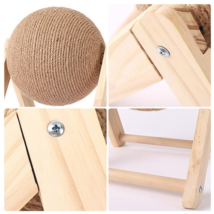 Jucarie interactiva pentru pisici VarioShop®, minge rotativa din sisal pentru zgariat, baza din lemn, include catnip, rezistenta la uzura, 20 cm, bej [10]