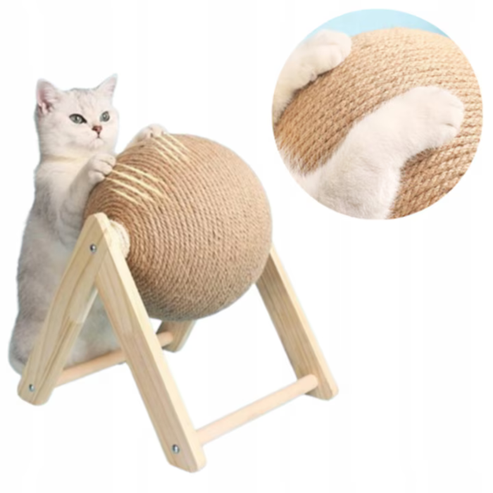 Jucarie interactiva pentru pisici VarioShop®, minge rotativa din sisal pentru zgariat, baza din lemn, include catnip, rezistenta la uzura, 20 cm, bej [4]