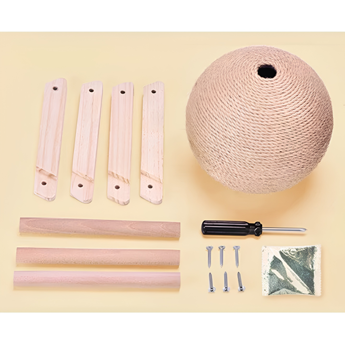 Jucarie interactiva pentru pisici VarioShop®, minge rotativa din sisal pentru zgariat, baza din lemn, include catnip, rezistenta la uzura, 20 cm, bej [7]