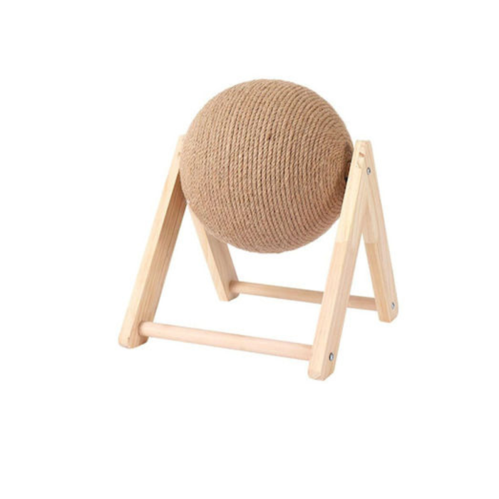 Jucarie interactiva pentru pisici VarioShop®, minge rotativa din sisal pentru zgariat, baza din lemn, include catnip, rezistenta la uzura, 20 cm, bej [11]