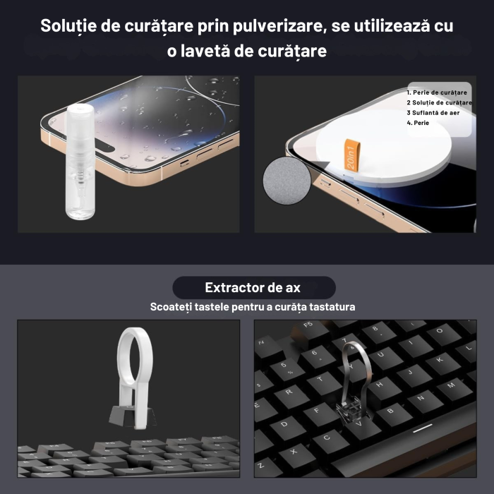 Kit curatare electronice 20 in 1 VarioShop®, set profesional pentru laptop, tastatura, casti, telefon, camera foto si ecrane, spray curatare, perii, suflanta aer [3]