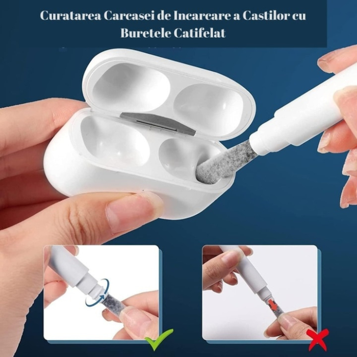 Kit de curatare pentru casti si telefon 3 in 1 VarioShop®, multifunctional, design ergonomic, compact, versatil, 10 x 7.5 cm, Alb [3]