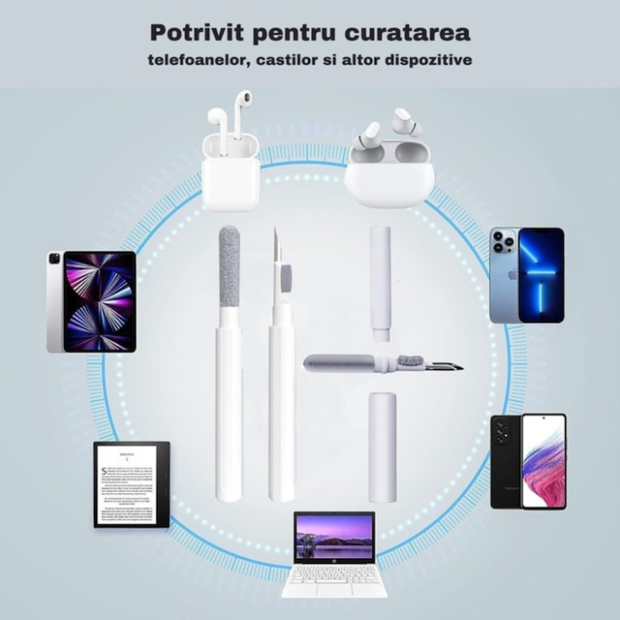 Kit de curatare pentru casti si telefon 3 in 1 VarioShop®, multifunctional, design ergonomic, compact, versatil, 10 x 7.5 cm, Alb [4]