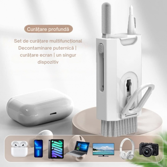 Kit Multifunctional de Curatare Produse Electronice 8 in 1 VarioShop®, cu Microfibra, Suport Telefon, Pulverizator si Perie pentru Electronice, Casti, Tastatura, Telefon, PC, Laptop, Alb [18]