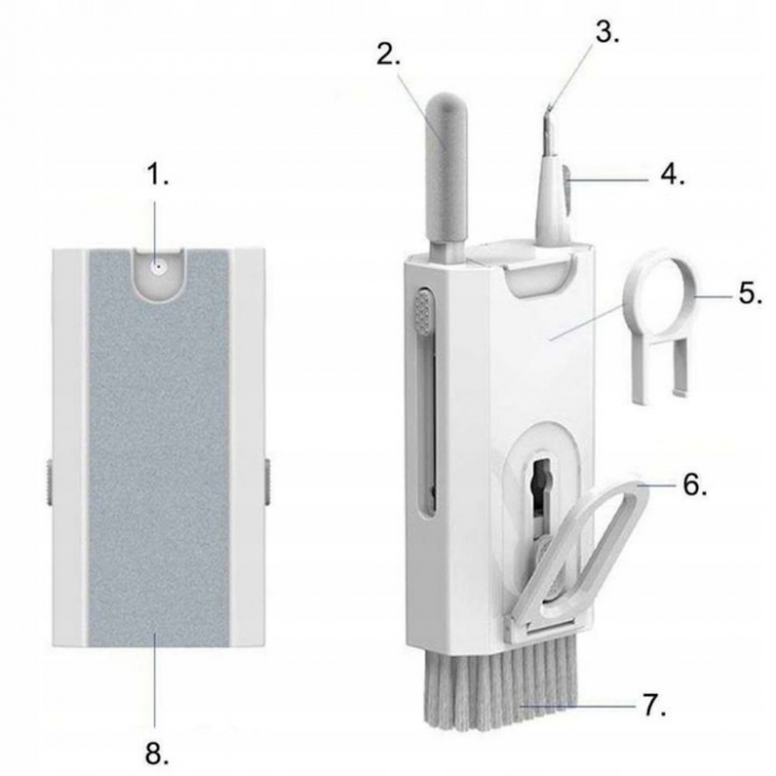 Kit Multifunctional de Curatare Produse Electronice 8 in 1 VarioShop®, cu Microfibra, Suport Telefon, Pulverizator si Perie pentru Electronice, Casti, Tastatura, Telefon, PC, Laptop, Alb [12]