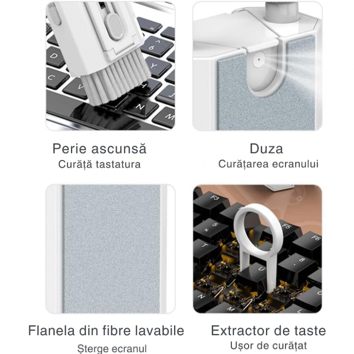 Kit Multifunctional de Curatare Produse Electronice 8 in 1 VarioShop®, cu Microfibra, Suport Telefon, Pulverizator si Perie pentru Electronice, Casti, Tastatura, Telefon, PC, Laptop, Alb [17]