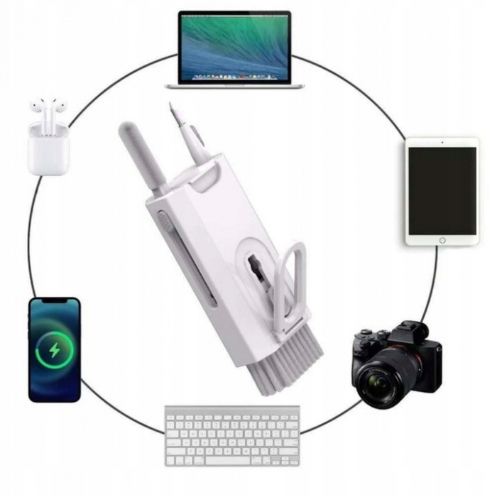Kit Multifunctional de Curatare Produse Electronice 8 in 1 VarioShop®, cu Microfibra, Suport Telefon, Pulverizator si Perie pentru Electronice, Casti, Tastatura, Telefon, PC, Laptop, Alb [8]
